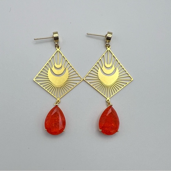 Delicate Statement Gold & Orange Dangle Earrings - Long Trendy Stylish Earrings - Picture 4 of 17